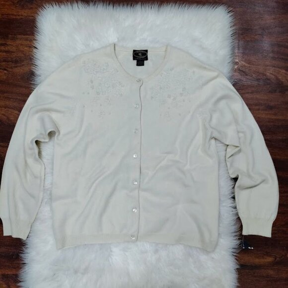 Chelsea Cambell Charter Club White Cashmere Cardigan Floral Embroidery Large - Picture 2 of 10